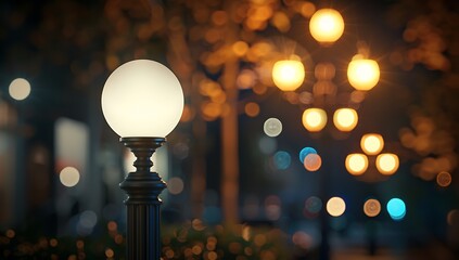 A street lamp with soft, warm light illuminating the surrounding area at night