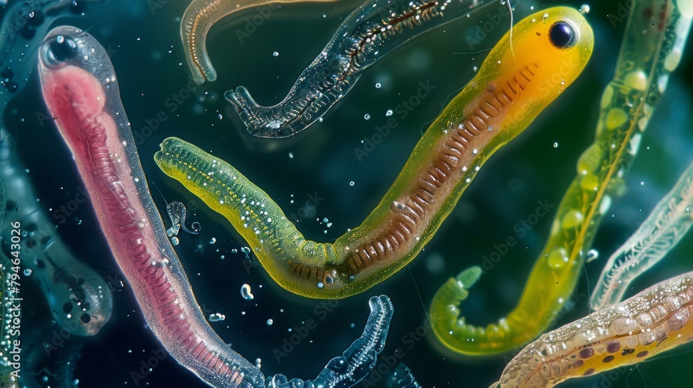 Poster several nematodes seen under a microscope each one a different color and size showcasing the variety