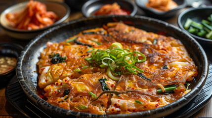 A close-up of Korean food, kimchi pancakes, placed on the dining table with various other side dishes. Generative AI - obrazy, fototapety, plakaty