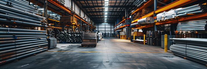 Huge warehouse full of metal, steel, coils, rolls, plates, aluminum sheets. Architecture, construction materials. Generative AI