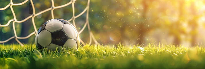 A close-up of a soccer ball in front of the sunlit green grass goal net. world cup, competition, sport. Copy space. Generative AI