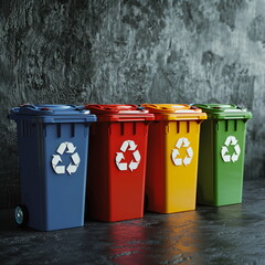 Four recycling bins with the recycling symbol stickered on them, each in four different colors, are lined up. Gray wall and floor background. Environment, recycling and trash concept. Generative AI