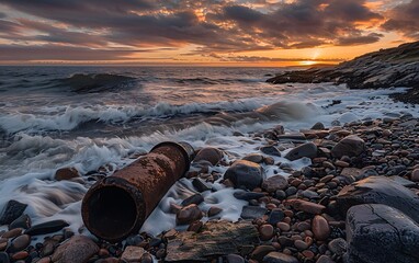 A rusted pipe lying on the shore of an ocean, surrounded by rocks and waves crashing against them under a dramatic sunset sky