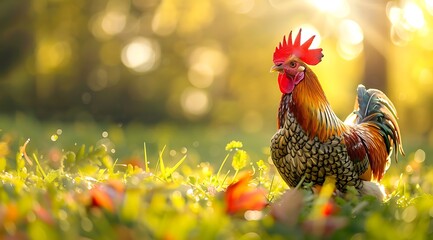  A vibrant and colorful rooster with its feathers shimmering in the sunlight, standing on lush green grass surrounded by blooming flowers under warm golden light - obrazy, fototapety, plakaty