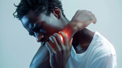 The young man holds his injured wrist in his hand and keeps his arm close together, his wrist glowing red, pain, treatment, african-american - Generative AI