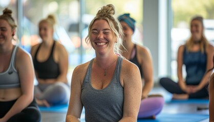 A smiling group of women in activewear beams after a yoga class in a modern gym, embodying an...