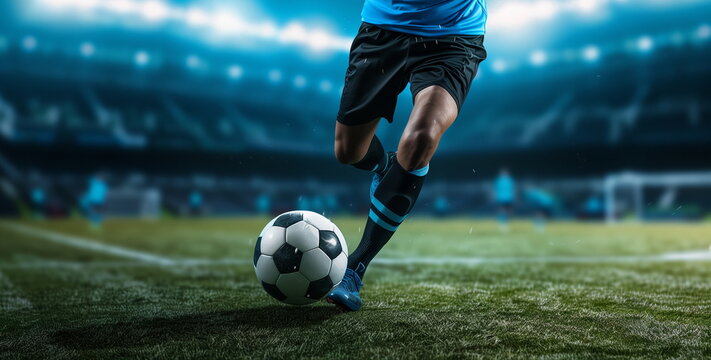 A close-up of a soccer player wearing a uniform kicking a soccer ball on the lawn against the background of a blurred stadium with lights on and a view of the stands. Sport, soccer match.Generative AI