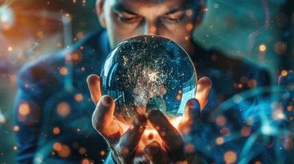 A person wearing a suit and holding a crystal ball with their eyes closed in deep concentration. The blurry background is filled with abstract patterns reflecting the directors visionary .