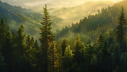 A serene mountain landscape with tall, green pine trees and sunlight filtering through the misty air - Powered by Adobe