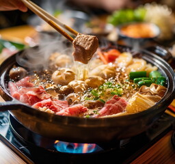 Shabu-shabu dish, sukiyaki, beef, king oyster mushrooms, enoki mushroom, shiitake mushroom, cabbage, bok choy - Generative AI