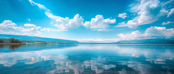 Landscape of lake with blue sky in background