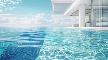 A luxurious white beach house with a lavish swimming pool, touching the blue sky and clouds. Generative AI