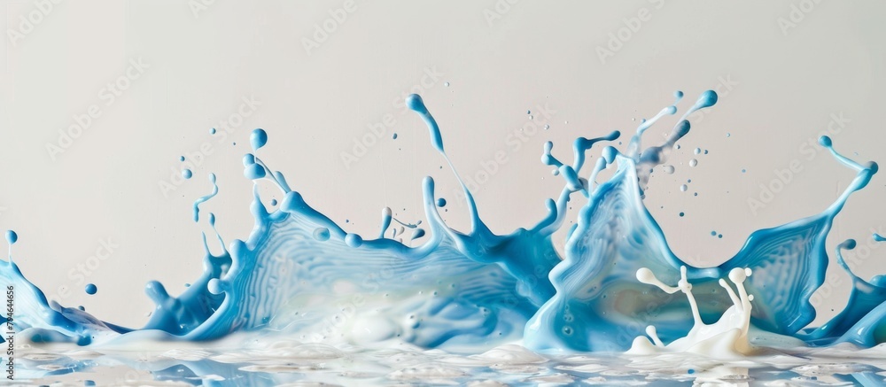 Poster a dynamic close-up view of vibrant blue liquid splashing on a clean white surface, creating an artis