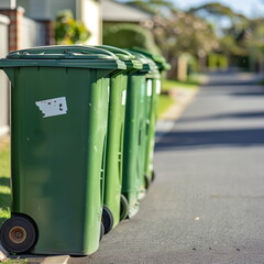 Three green wheelie bins in a row. street background, recycling, environment - Generative AI - obrazy, fototapety, plakaty