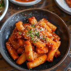 A Close-up of Korean food Tteokbokki served in a black bowl on wooden dining table. Top view. Generative AI
