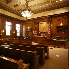 An empty courtroom in the United States(America) with no one. law, court, trial, judge. Side view. Generative AI