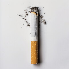 A extinguished one cigarette butt isolated on a white background. Ashes scattered around it. quit smoking, smoking, health. Closeup. Generative AI