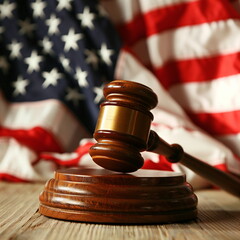 A Judge gavel on wooden table with blurred American flag in background. law, court, courtroom, trial, judge. Close-up. Generative AI