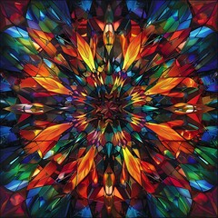  A kaleidoscopic pattern of vibrant colors and shapes, forming an intricate mandala design on the surface of dark glass with sparkling lights reflecting off its edges
