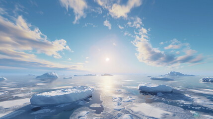 Obraz premium Arctic or Antarctic ocean landscape with icebergs. Large pieces of ice floating on the sea. Global warming, climate change crisis. Generative AI