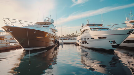 A close-up of the front of two luxury yachts moored at the dock of a marina under a blue sky....