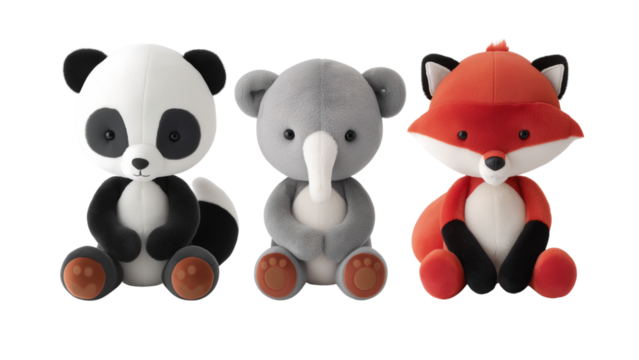 Set of panda elephant and red fox stuffed fluffy VR transparent - Powered by Adobe