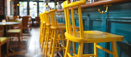 Several yellow bar stools neatly lined up in a row against a vibrant blue wall in a modern setting