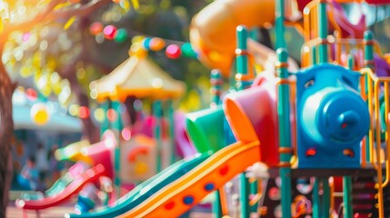 Blurred background image of Childrens Wonderland showcasing a vibrant playground filled with slides...