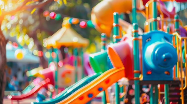 Blurred background image of Childrens Wonderland showcasing a vibrant playground filled with slides swings and climbing structures adorned with cartoon characters and bright polka .