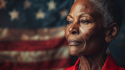 A poised elderly African American woman looks away thoughtfully, over American flag.