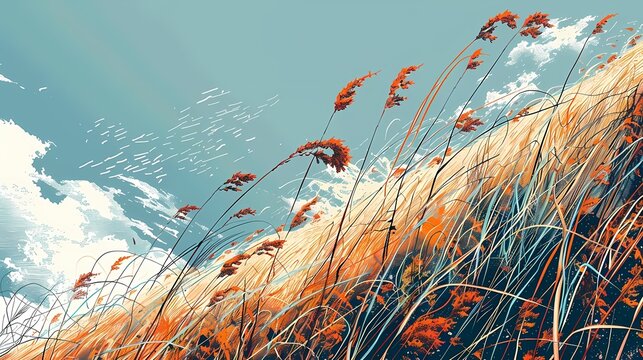 icelandic grass in beach windy day illustration  poster background 