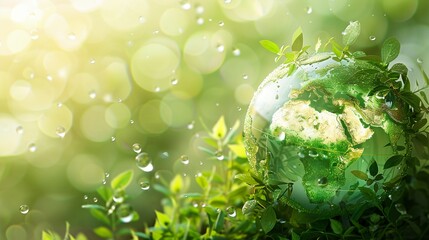 Illustration of a globe made of green leaves and water droplets symbolizing a sustainable and hydrated planet