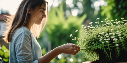 Junge Frau hält Zimmerpflanze in den Händen, 8k, ultra high quality, high resolution,, blur background - obrazy, fototapety, plakaty