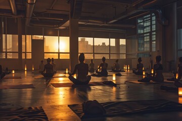 Professional Photography of a late-night yoga class in a dimly lit studio, participants finding peace and relaxation amidst the hustle, Generative AI