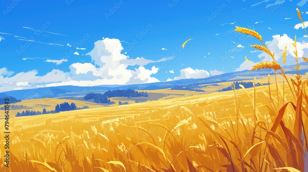 Poster A beautiful illustration showcasing wheat fields swaying under the clear blue sky all rendered in a crisp 2d design