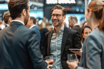 dynamic trade show moment, Professionals chat and laugh, with one man in his thirties smiling amid colleagues, against backdrop of product displays.
