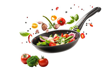 Vegetables fall into a black frying pan on a transparent background. Healthy food concept	
