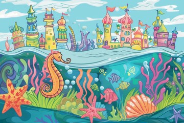 Fototapeta premium Cartoon cute doodles of a magical underwater city where seahorses ride on seashell carriages and starfish sing in coral choirs, Generative AI