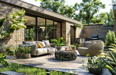 modern garden with a terrace, brick house and outdoor furniture set for relaxation on a sunny day