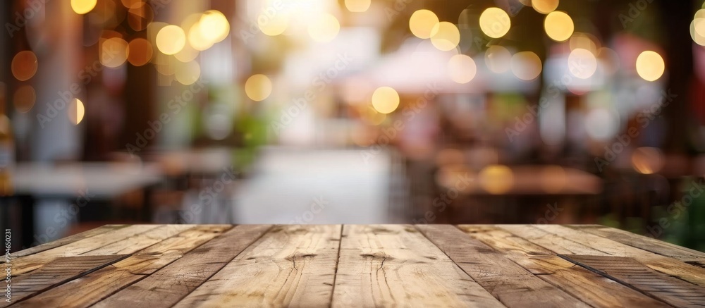 Poster a simple wooden table is illuminated by blurry lights in the background, creating a warm and invitin