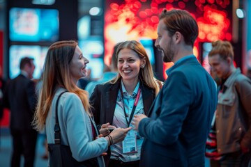 a post-fair gathering as people wearing business casual attire share smiles and laughter while conversing at an exhibition booth. Captured candidly with a wide-angle lens.
