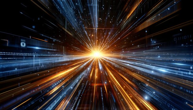 a high-speed burst of light and data traveling through a digital space, creating the effect of a cybernetic tunnel or data stream speeding towards a central luminous point