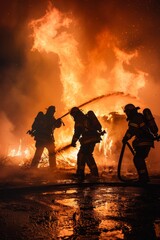 Fototapeta premium Professional Photography of a firefighter team responding to a late-night emergency call, bravely battling flames to save lives and property, Generative AI