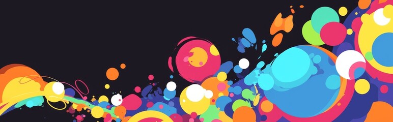 Various vibrant circles of different sizes and colors arranged on a black background - obrazy, fototapety, plakaty