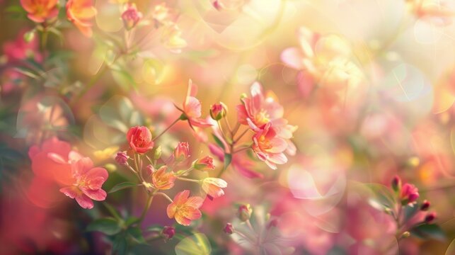 Defocused Floral Fantasy A romantic blur of vibrant greens delicate pinks and sunny yellows conjures images of a blossoming garden in full bloom. .
