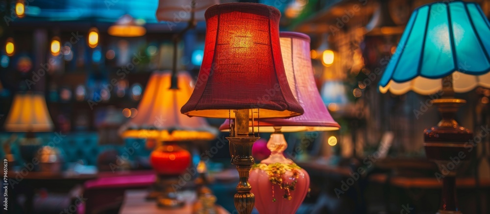 Poster close-up image of a lamp featuring a vibrant red shade, highlighting intricate details and texture