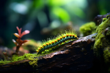 A green and yellow caterpillar calmly sitting on a tree branch. - Powered by Adobe
