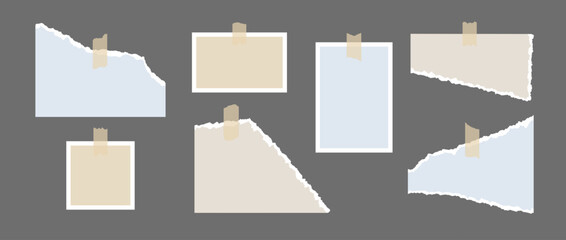 Set of image frames and torn paper glued on adhesive tape. Mood board template for mockup, poster design, banner, flyer, brochure. Empty jagged edge paper pieces collection. Vector collection