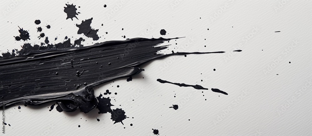 Poster close up view of a smudge of black paint on a surface that is white in color, showing a stark contra