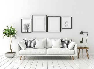 4 white picture frames on the wall above a modern sofa, black and grey plaid pillows
